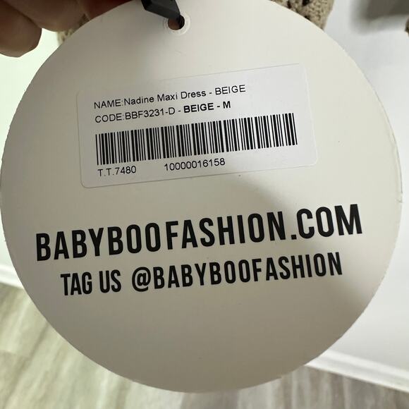 NEW Babyboo Nadine Crochet Maxi Dress Size Medium Beige Khaki Tan - Picture 7 of 10